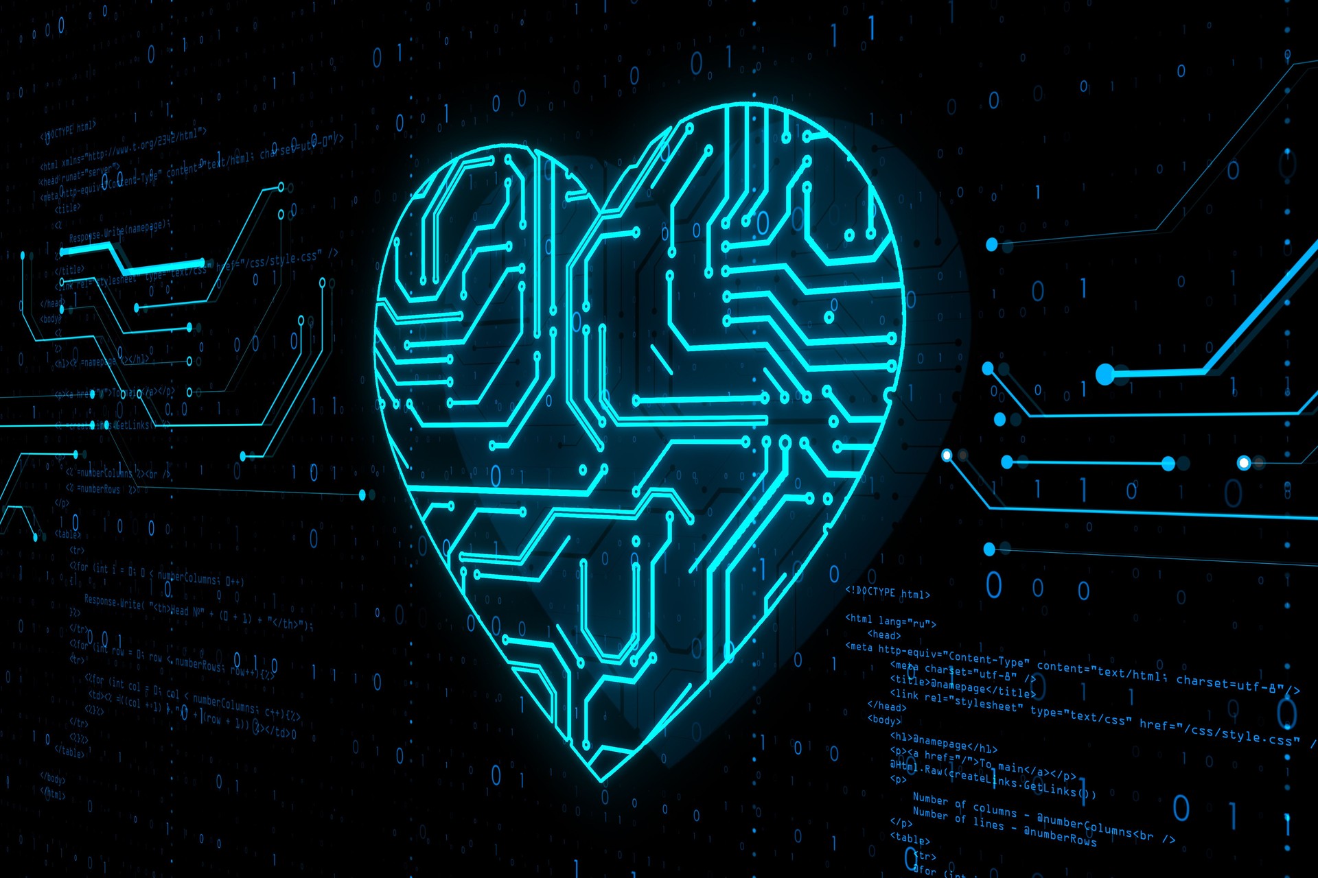 Innovation and healthcare concept with digital blue microcircuit in heart form on dark technological background with coding numbers. 3D rendering