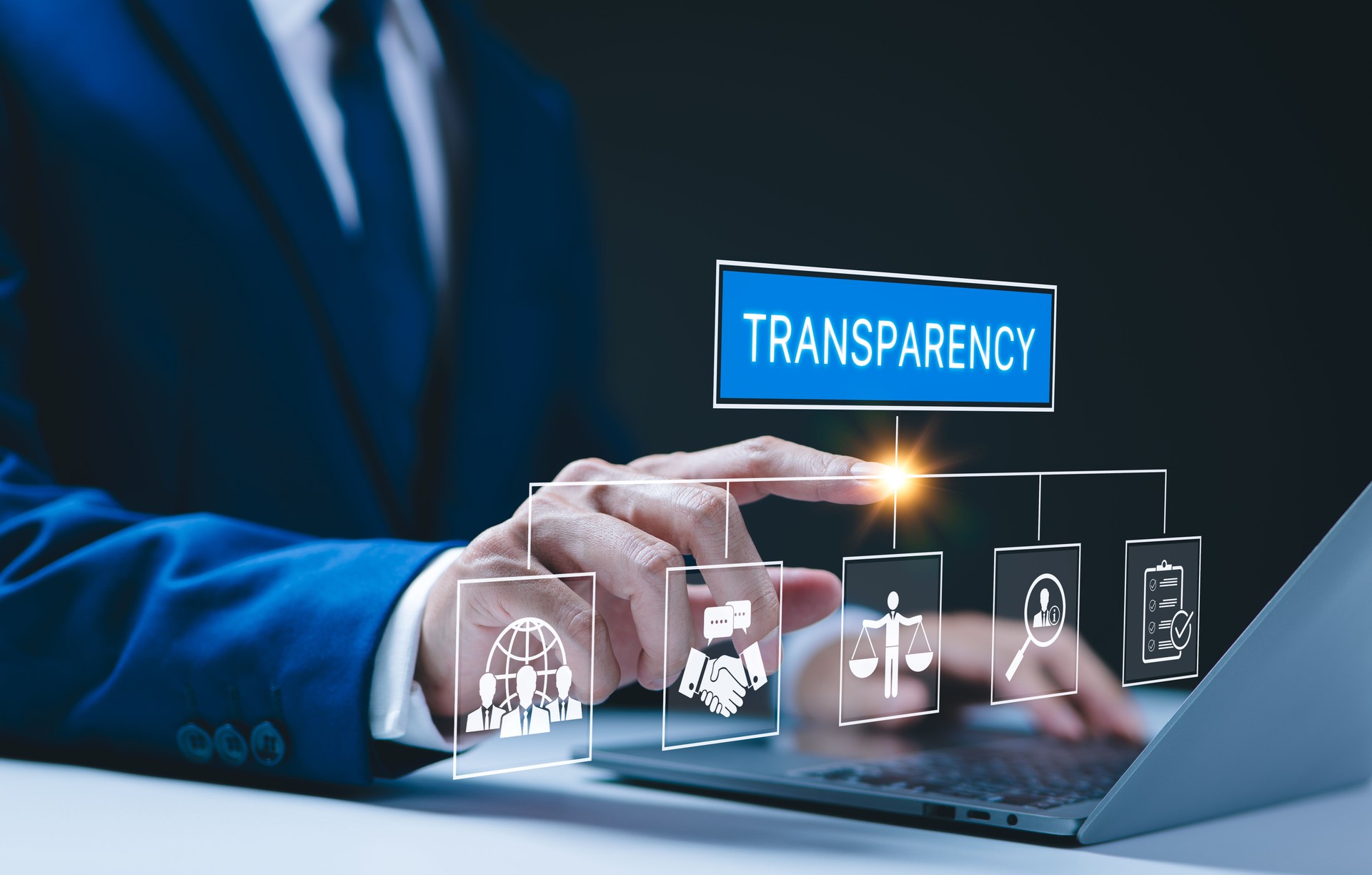 Business transparency and accountability concept. Businessman touches virtual interface transparency related icons, symbolizing ethical practices, open communication, and accountability in business.